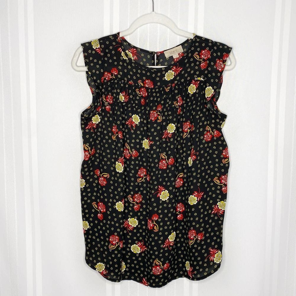 LOFT Outlet Sleeveless Floral Tank Top Blouse Small Black Red Workwear Office